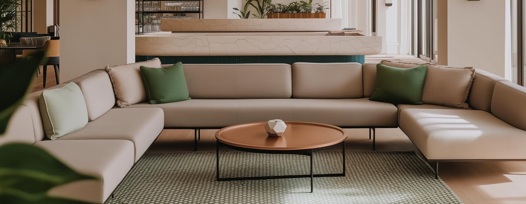 a couch with a coffee table in a lounge area