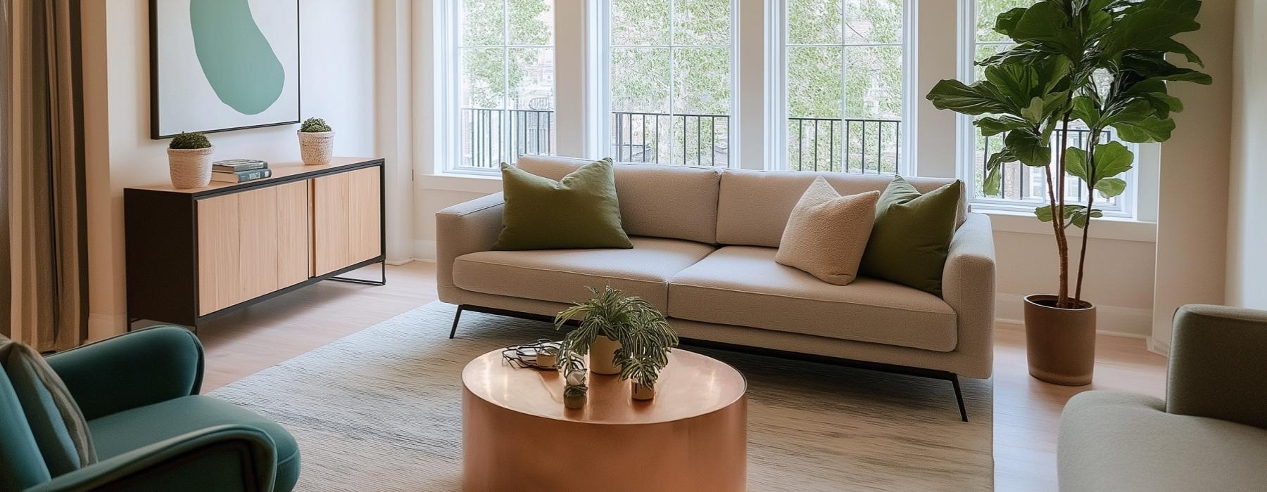 a well-lit living room with a couch and a table