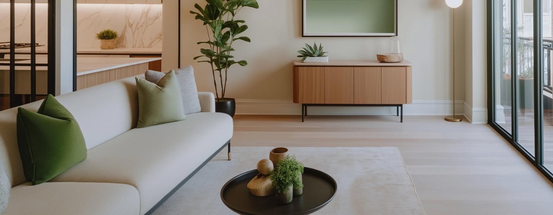 a lounge area with a couch and a coffee table
