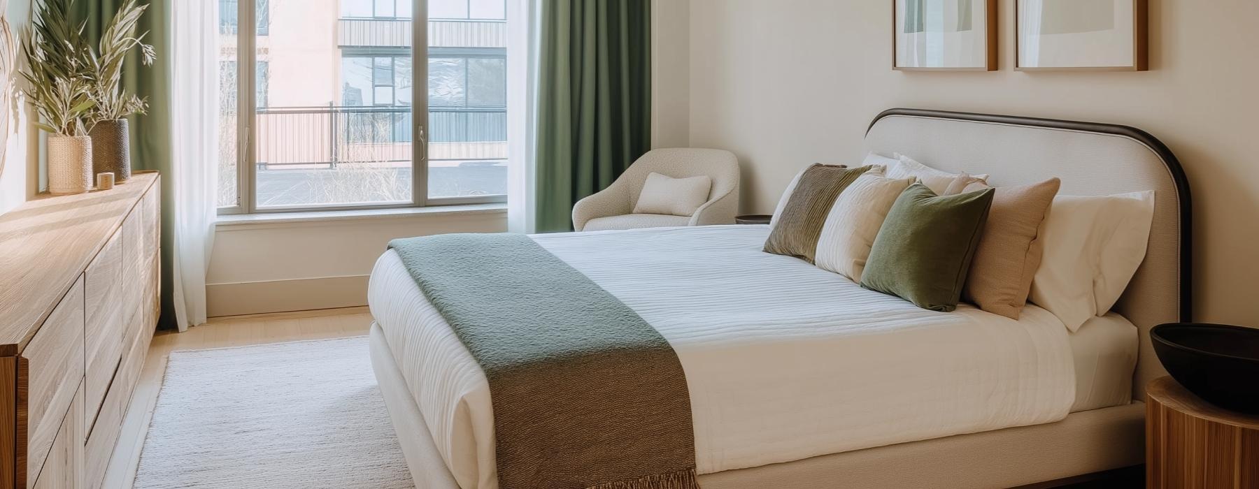 a bed with pillows and a blanket